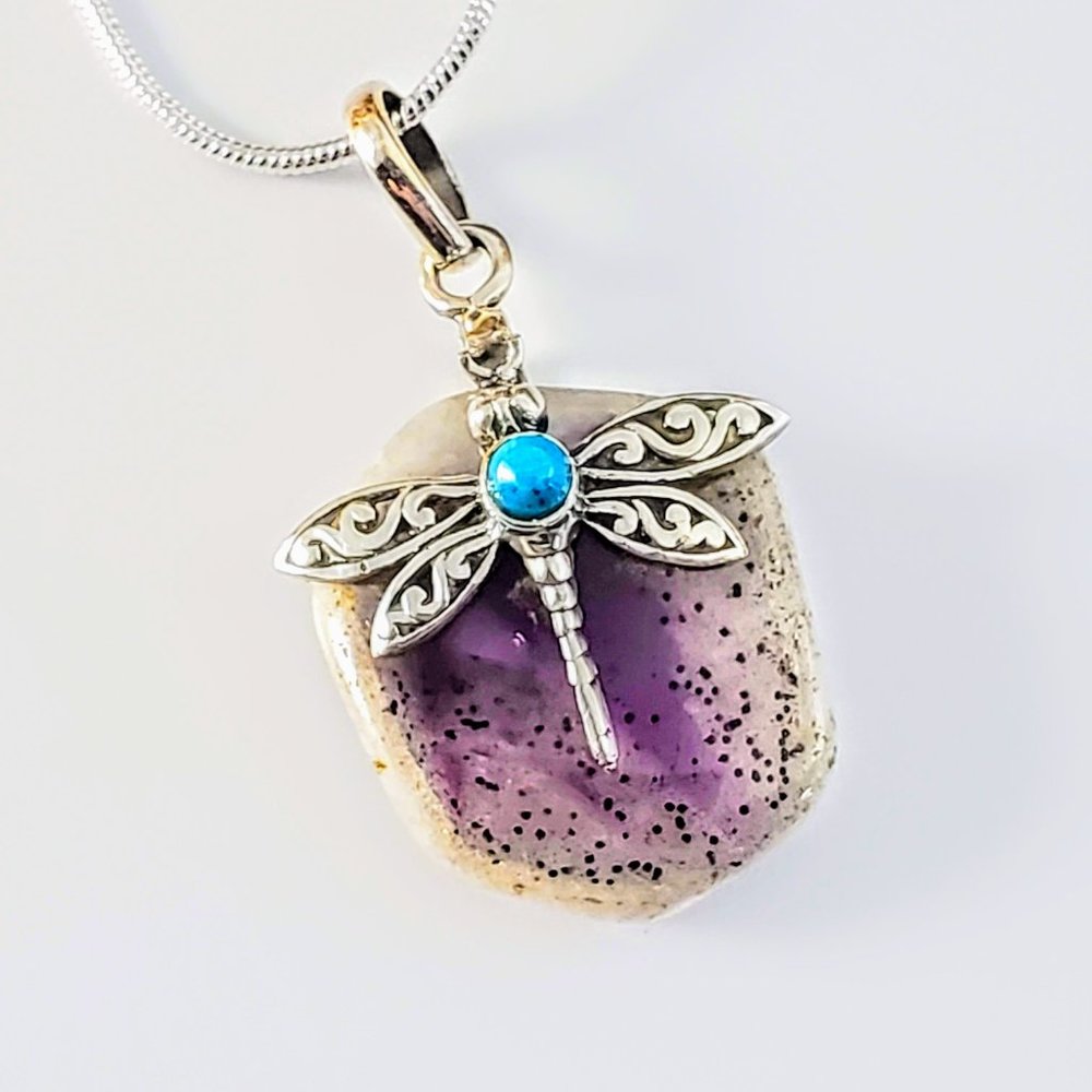 Super Amethyst 23 & Turquoise Dragonfly Sterling Silver Pendent